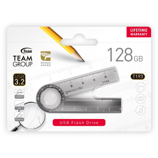 Team Group T193 USB 3.2 G1 Flash Drive 128GB, R/W (Max) 140MB/s/35MB/s Nickle Black Magnifier, Ruler, Protractor
