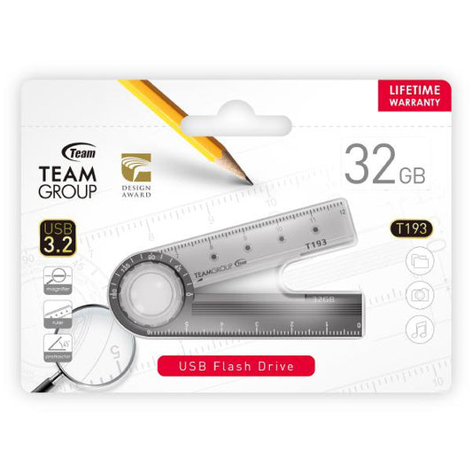Team Group T193 USB 3.2 G1 Flash Drive 32GB, R/W (Max) 100MB/s/35MB/s Nickle Black Magnifier, Ruler, Protractor