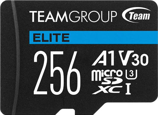 Team Group Elite A1 MicroSDXC Memory Card 256GB, R/W (Max) 100MB/s 50MB/s, 1500/500 IOPs, V30, UHS-I U3 With SD Adapter