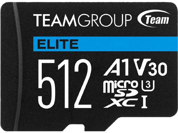 Team Group Elite A1 MicroSDXC Memory Card 512GB, R/W (Max) 100MB/s 50MB/s, 1500/500 IOPs, V30, UHS-I U3 With SD Adapter