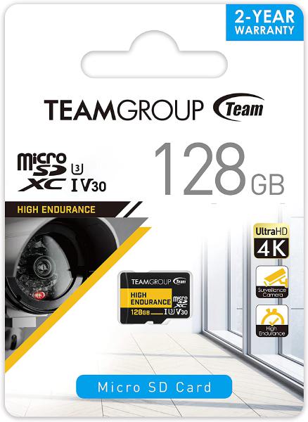 Team Group HIGH ENDURANCE 128GB Micro SDXC UHS-I U3 V30 4K 100MB/s(Designed for Monitoring) Stable Durable Long Lasting Flash Memory Card for Security